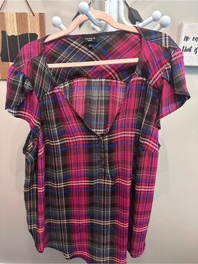 torrid Pink Plaid V-Neck Short Sleeve Blouse with Blue Accents